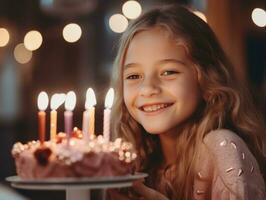 criança sopro Fora a velas em seus aniversário bolo ai generativo foto