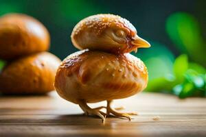 uma pequeno frango é sentado em topo do uma mesa. gerado por IA foto