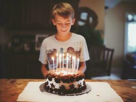 criança sopro Fora a velas em seus aniversário bolo ai generativo foto