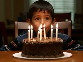 criança sopro Fora a velas em seus aniversário bolo ai generativo foto