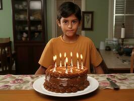 criança sopro Fora a velas em seus aniversário bolo ai generativo foto