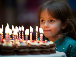 criança sopro Fora a velas em seus aniversário bolo ai generativo foto