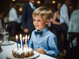 criança sopro Fora a velas em seus aniversário bolo ai generativo foto