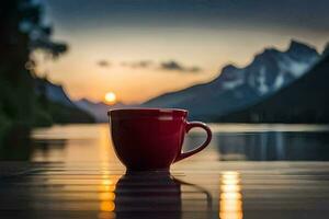 uma vermelho café copo senta em uma de madeira mesa dentro frente do uma lago. gerado por IA foto