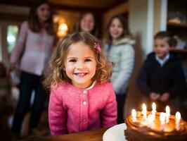 criança sopro Fora a velas em seus aniversário bolo ai generativo foto