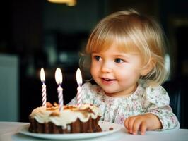 criança sopro Fora a velas em seus aniversário bolo ai generativo foto