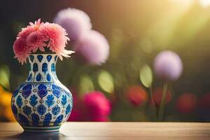 uma azul e branco vaso com Rosa flores em uma mesa. gerado por IA foto