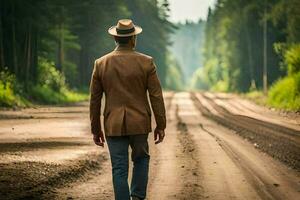 uma homem dentro uma chapéu e Jaqueta caminhando baixa uma sujeira estrada. gerado por IA foto