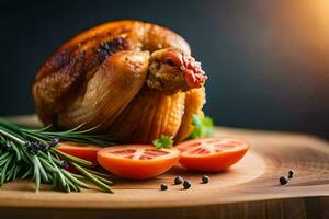 uma assado frango com tomates e ervas em uma de madeira corte borda. gerado por IA foto