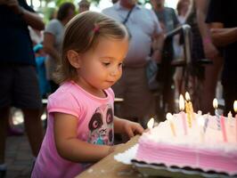 criança sopro Fora a velas em seus aniversário bolo ai generativo foto