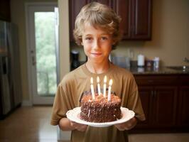 criança sopro Fora a velas em seus aniversário bolo ai generativo foto