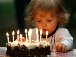 criança sopro Fora a velas em seus aniversário bolo ai generativo foto