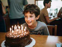 criança sopro Fora a velas em seus aniversário bolo ai generativo foto