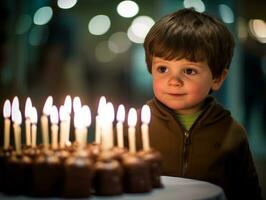 criança sopro Fora a velas em seus aniversário bolo ai generativo foto