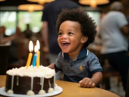 criança sopro Fora a velas em seus aniversário bolo ai generativo foto