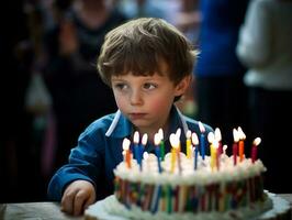 criança sopro Fora a velas em seus aniversário bolo ai generativo foto