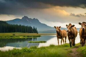 vacas caminhando ao longo a costa do uma lago. gerado por IA foto