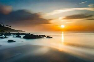 uma grandes exposição fotografia do a Sol configuração sobre a oceano. gerado por IA foto