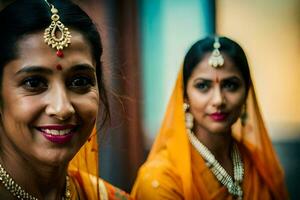 dois mulheres dentro tradicional indiano traje. gerado por IA foto