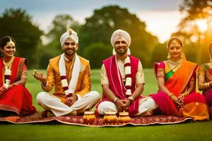 indiano Casamento cerimônia dentro a parque. gerado por IA foto
