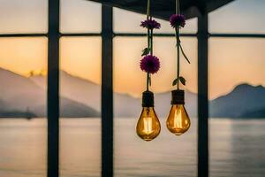 dois luz lâmpadas suspensão a partir de a teto com flores gerado por IA foto