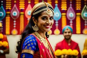 uma mulher dentro tradicional indiano vestuário sorrisos para a Câmera. gerado por IA foto