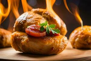 cozido pão com carne e ervas em uma de madeira borda. gerado por IA foto