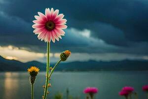 uma Rosa flor carrinhos dentro frente do uma lago e montanhas. gerado por IA foto