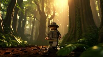 Lego personagem explorando uma épico Lego mundo ai generativo foto