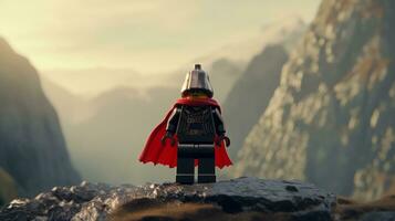 Lego personagem explorando uma épico Lego mundo ai generativo foto