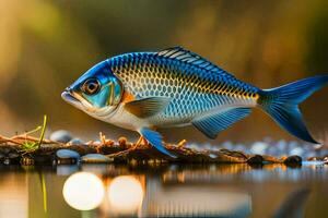 uma azul peixe é em pé em a água. gerado por IA foto