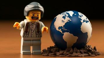 Lego personagem explorando uma épico Lego mundo ai generativo foto