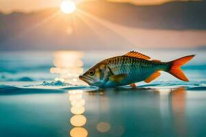 uma peixe natação dentro a oceano às pôr do sol. gerado por IA foto