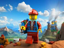 Lego personagem explorando uma épico Lego mundo ai generativo foto