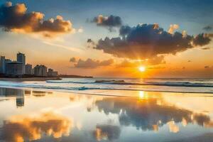 a Sol conjuntos sobre a de praia e cidade Horizonte. gerado por IA foto