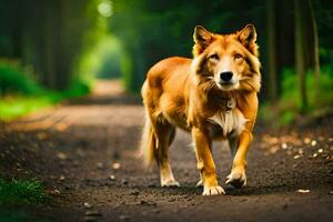uma cachorro caminhando em uma sujeira estrada dentro a madeiras. gerado por IA foto