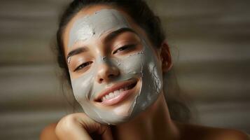 uma mulher obtendo uma facial mascarar tratamento às uma beleza salão foto