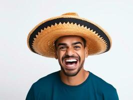 mexicano homem dentro brincalhão pose em branco fundo ai generativo foto