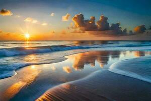 a Sol conjuntos sobre a oceano e ondas em uma de praia. gerado por IA foto