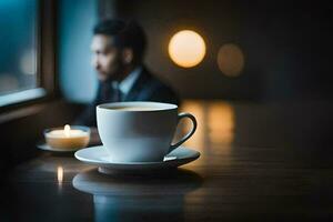 uma homem dentro uma terno senta às uma mesa com uma copo do café e uma vela. gerado por IA foto