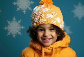 uma pequeno Garoto vestindo a laranja chapéu dentro frente do azul fundo fazer flocos de neve foto