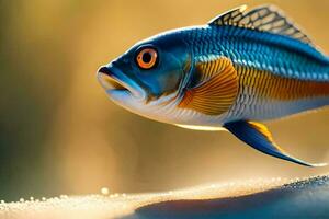 uma peixe com uma amarelo e azul corpo é caminhando em a areia. gerado por IA foto