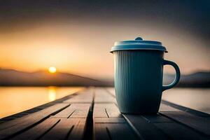 café copo em de madeira doca às pôr do sol. gerado por IA foto