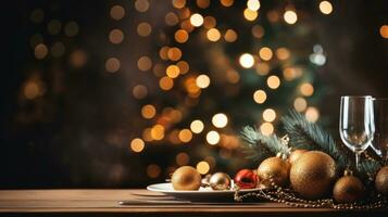 Natal jantar feriado fundo com borrado Natal árvore fundo foto