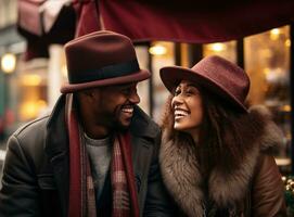 uma casal segurando mãos enquanto rindo e partilha uma chapéu ou gorro dentro inverno cidade foto