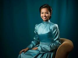 sorridente jovem mulher do ásia descida vestido dentro elegante vestir ai generativo foto