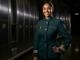 sorridente jovem mulher do ásia descida vestido dentro elegante vestir ai generativo foto