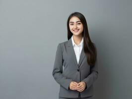 sorridente jovem mulher do ásia descida vestido dentro elegante vestir ai generativo foto