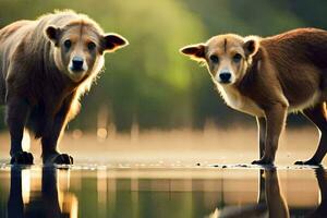 dois Castanho cachorros em pé dentro água com seus reflexão. gerado por IA foto