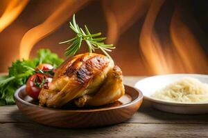 uma frango é servido em uma prato com uma lado do massa. gerado por IA foto
